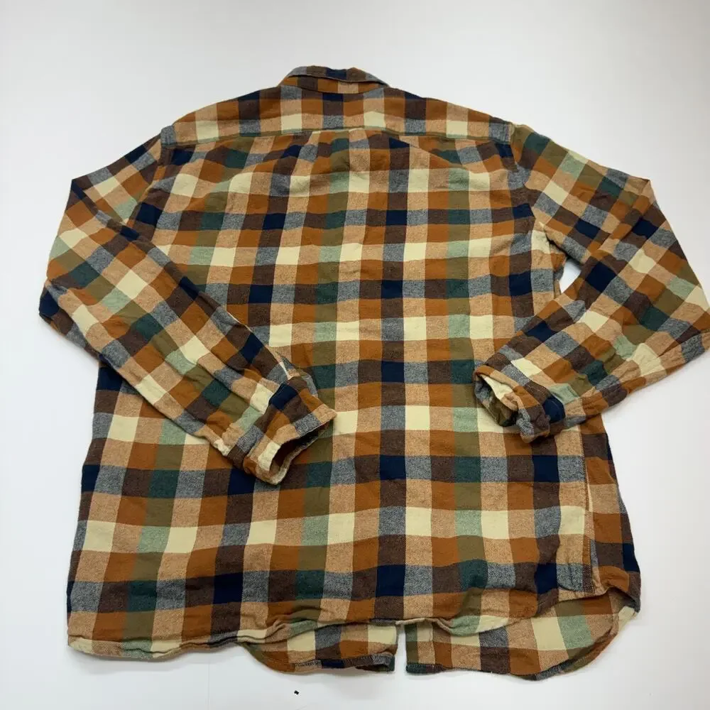 Mens J Crew Flannel Soft Orange Blue Tan Plaid Button Up Shirt Size Large